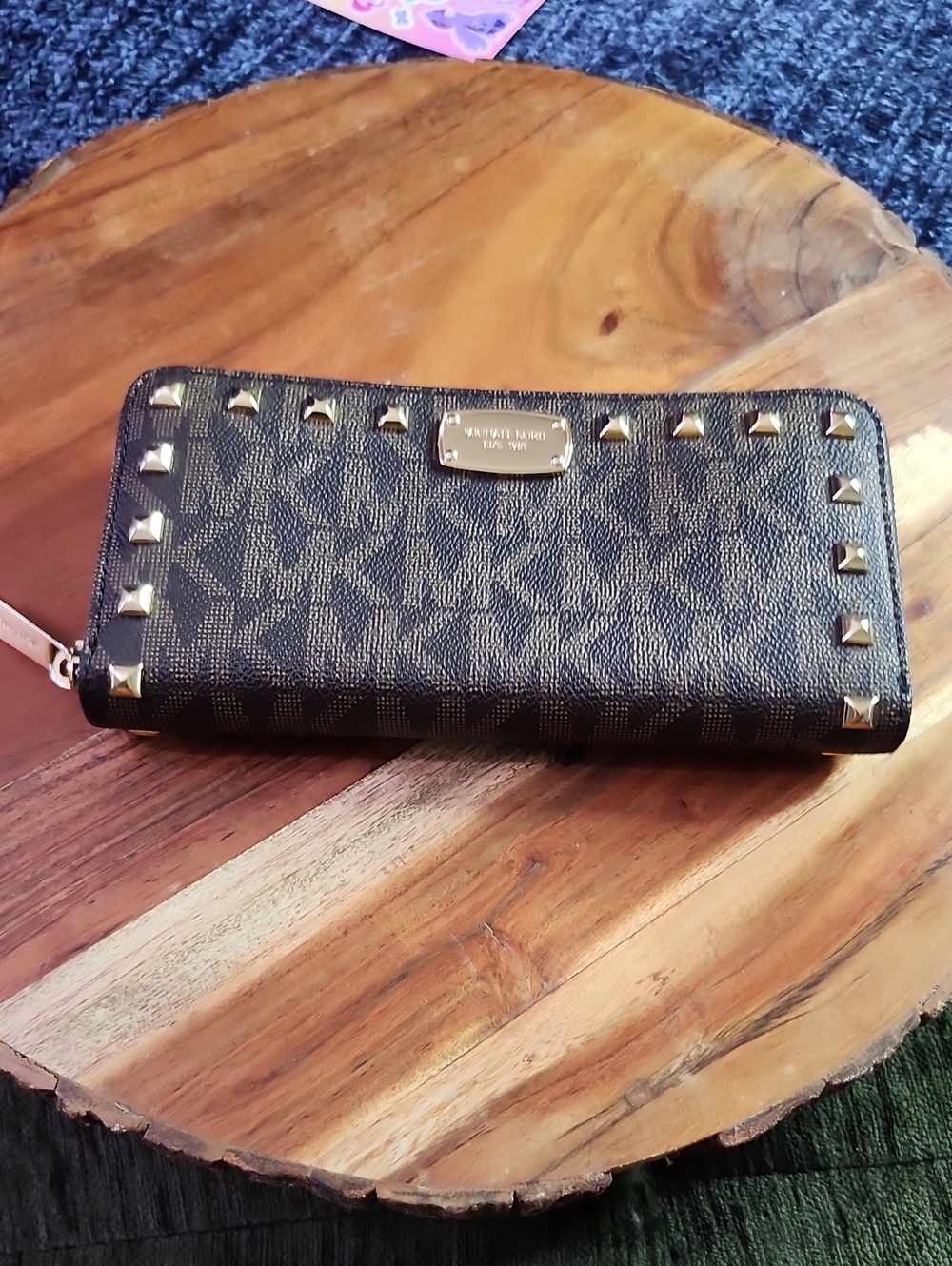 Michael Kors Brown Logo Studded Zip Around Long Wallet w/Gold Accents